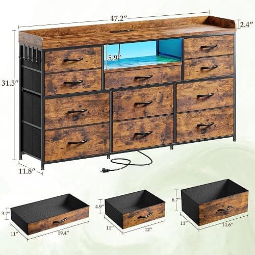 Dresser for Bedroom with LED Lights & Charging Station & 4 Hooks 11 Drawer Dressers & Chests of Drawers Long Fabric Dresser TV Stand for 60 inch TV for Entryway 11.8"D x 47.2"W x 31.5"H Rustic Brown thumbnail 3