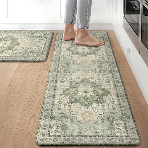 GENIMO Kitchen Mats for Floor 2PCs, Washable Anti Fatigue Mat for Cushioned, 17.3"x47"+17.3"x30", Waterproof Kitchen Rugs, Non Slip Comfort Standing Mat Rug for Home, Sink, Laundry, Light Green - Image 1