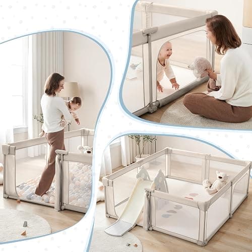 Sweeby Baby Playpen, 59x59 Inch Gate Foldable for Babies and Toddlers, Extra Large with Door Play Yard for Fence Indoor and Outdoor, Light Khaki thumbnail 3