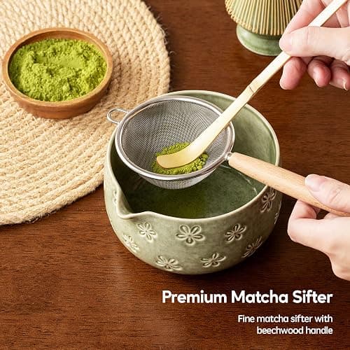 Veraelle Matcha Whisk Set, Ceramic Matcha Set, 6 Pcs Matcha Kit Includes Matcha Bowl, Matcha Whisk with Holder, Bamboo Scoop, Scoop Rest, Sifter, Ceremonial Matcha Tea Set, Perfect Gifts, Green thumbnail 3