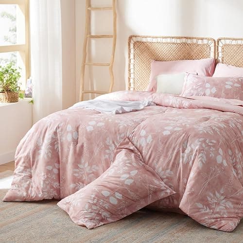 Bedsure Queen Comforter Set - 7 Pieces Floral Pink Soft Bedding Sets, Queen Bed in a Bag with Botanical Flowers Comforter, Sheets, Pillowcases & Shams - 09 - Pink - Floral - Queen thumbnail 2