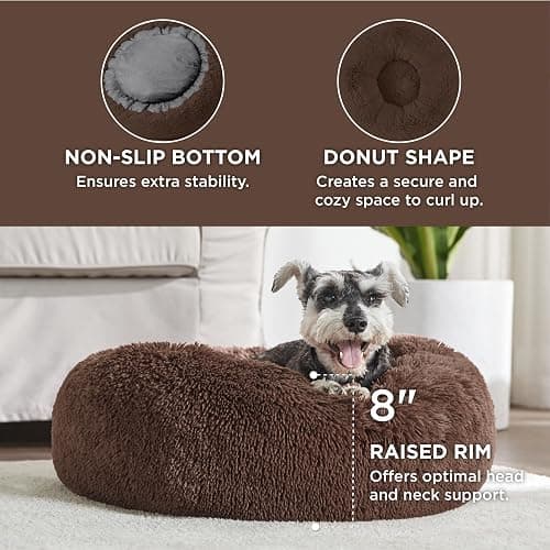 Bedsure Calming Small Dog Bed Donut Washable Cat＆Puppy Bed,23 inches Coffee | Fluffy Faux Fur Round Cuddler,Machine Washable,Anti-Slip Bottom,Anti-Anxiety,Deep Sleeping for Large Cat & Pets Up to 25 Lbs thumbnail 3