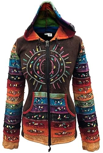 Shopoholic Fashion Women's Full Sleeve Gothic Sun Patchwork Faded Pixie Cotton Hippy Rib Hoodie - Image 1