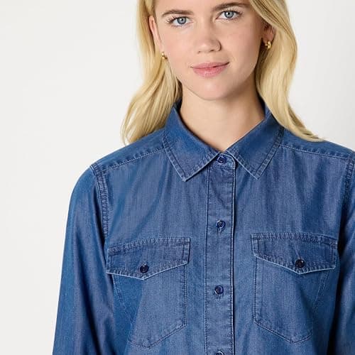 Amazon Essentials Womens Relaxed-Fit Denim Chambray Button-Down Long-Sleeve Shirt thumbnail 3