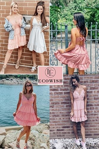 ECOWISH Summer Dresses for Women 2026 V-Neck Spaghetti Strap Bowknot Backless Sleeveless Lace Mini Swing Skater Dress thumbnail 7