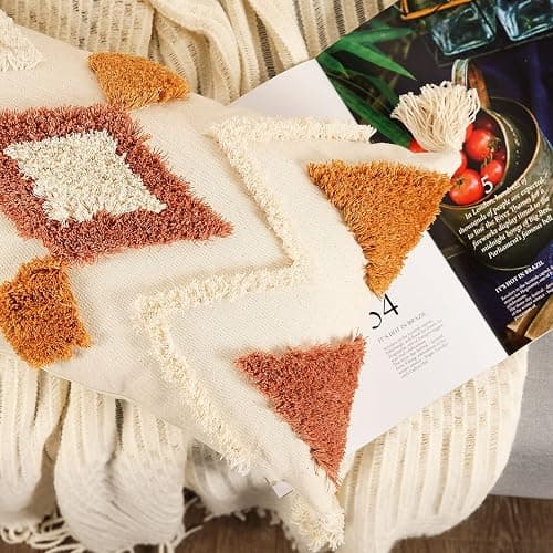 Merrycolor Boho Lumbar Throw Pillow Cover 12x20 inch,Bohemian Tufted Decorative Pillow Covers with Tassels for Couch Sofa Bedroom Living Room thumbnail 2