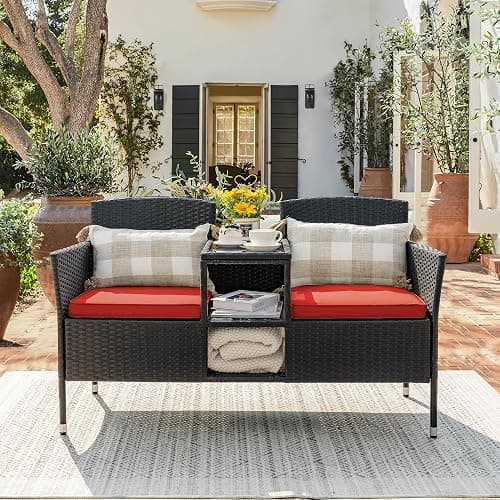 Devoko Outdoor Patio Loveseat Modern Rattan 2-Seat Patio Conversation Set with Cushions & Built-in Coffee Table Porch Furniture for Garden Lawn Backyard (Red) thumbnail 7