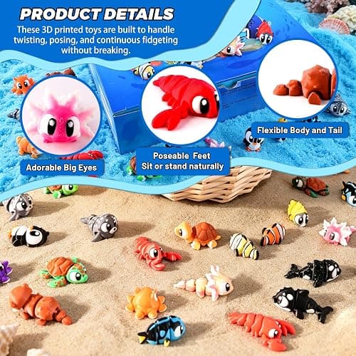 Cybermaker 24PCS 3D Printed Mini Animals with Storage Plastic Eggs | Ocean Animal with Articulated Fidget Sensory Toys Inside for Party Favors, Classroom Prizes, Birthday Goodie Bag Stuffers thumbnail 3