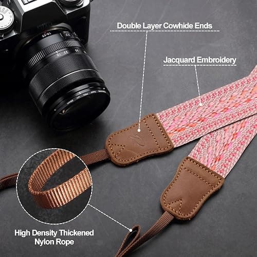 Padwa Lifestyle Speed Pink Camera Strap - 1.5" Soft Cotton Rope Weave Crazy Horse Cowhide Head Camera Straps for Photographers and All Cameras,Cute Adjustable Vintage Woven Strap for Adults & Kids thumbnail 4