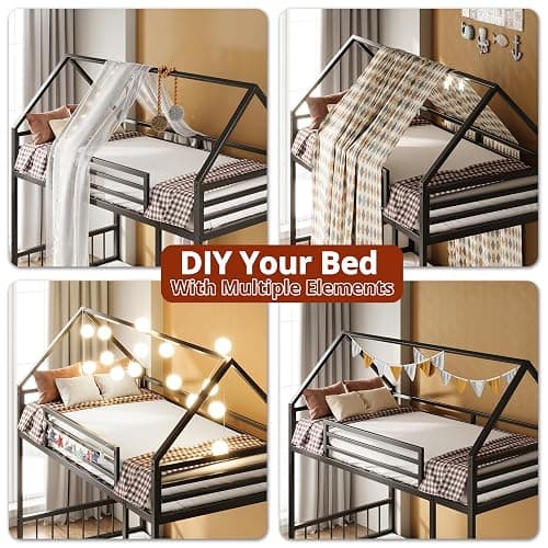 LIKIMIO Bunk Bed Twin Over Twin, House Bunk Bed Frame with Ladder and Guardrail, House Shaped with Metal Slats for Dormitory and Bedroom, Space Saving, No Box Spring Needed, Black thumbnail 4