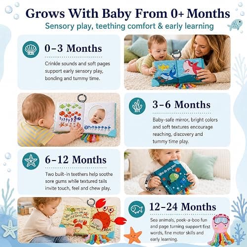 Fish Baby Books Toys, Touch Feel Cloth Crinkle Books for Babies,Baby Infant Toys 0-6, 6-12,12-18 Months,Newborn,Early Learning Education, Baby Gifts Shower for Boys Girls,Teething, Mirror,Shark Ocean thumbnail 8
