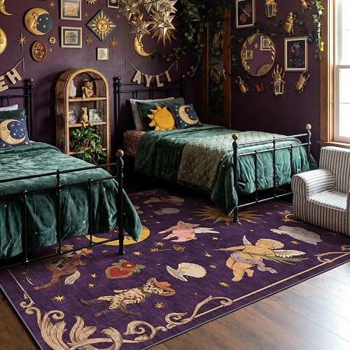 8x10 Celestial Sun Moon Unique Plum Dark Purple Soft Washable Area Rug | Low Pile Non-Slip Carpet with Vintage Whimsical Boho Decorative Pattern; Cottagecore Style for Living Rooms or Large Bedrooms thumbnail 2