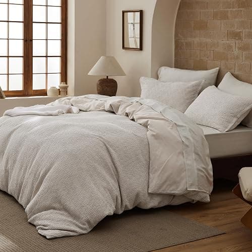 Bedsure Waffle Duvet Cover King - 100% Cotton Duvet Cover Linen Color, Space-Dyed for Enhanced Bedroom Aesthetics, GentleSoft™ and Stylish All-Season, 3-Piece Bedding Set with Button Closure, 104"x90" thumbnail 2
