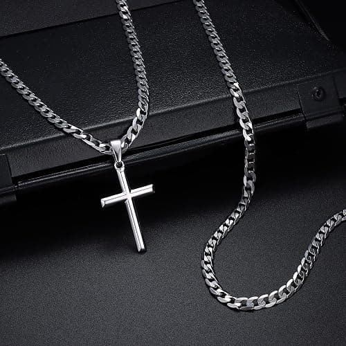 Besteel 925 Sterling Silver Cross Necklace Beveled Edge for Men Women 5mm Stainless Steel Non Tarnish Durable Cuban Link Curb Chain Crucifix Pendant Necklace Jewelry 16-30 Inches Christian Baptism Gifts thumbnail 7