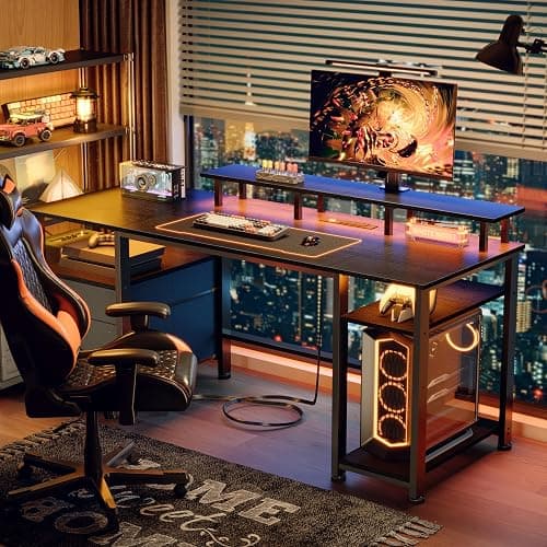 Furologee 61" Gaming Desk with Power Outlets & LED Lights, Reversible Computer Desk with File Cabinet & Monitor Stand for Home Office, Large Work Table with Storage Shelves & Drawer, Black thumbnail 2