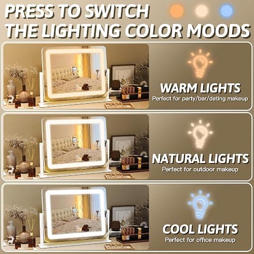 FENNIO Vanity Mirror with Lights, 12" x 16" Lighted Makeup Mirror with Smart Touch Control, 3 Color Modes & Brightness Adjustable, LED Makeup Mirror with 10X Magnification, 360° Rotation for Bedroom thumbnail 3