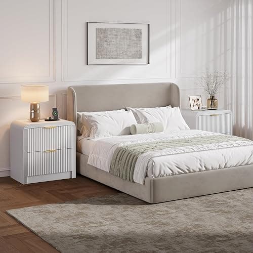 Decofy 23'' Wide Fluted Nightstand with 2 Large Drawers & Charging Station | Mordern Night Stand with Curved Corners & Metal Handle, Wood End Table for Bedroom, White thumbnail 7