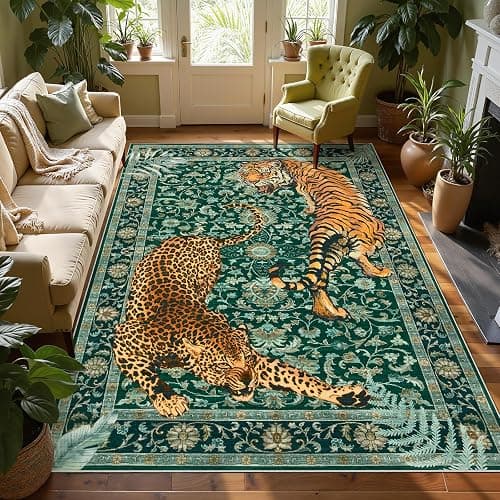 Tiger Print 5x7 Rug Boho Green  - Image 1