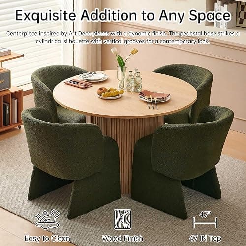 NORDICANA 5-Piece Round Dining Table Set for 4, Rustic 47-Inch Kitchen Table and Chair Set, Dining Set with Dark Green Upholstered Armchairs, Manufactured Wood Top with Oak Veneer thumbnail 3