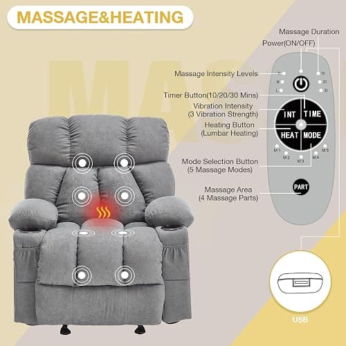 Massage Recliner Chair, Overstuffed Rocker Lazy Boy Chairs with Vibration&Gently Heat,Fabric Ergonomic Manual Nursery Chair for Living Room with Side Pocket, 2 Cup Holders&USB Charge Port, Grey thumbnail 7