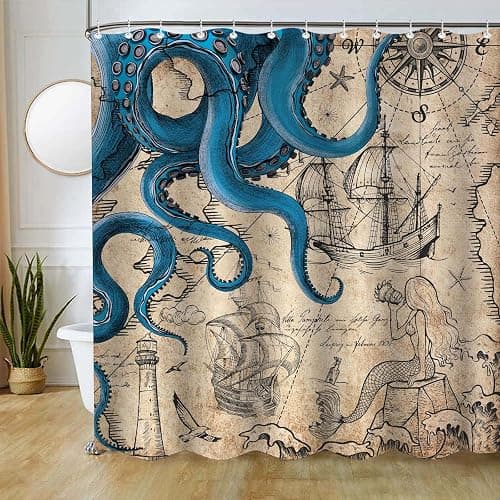 Fungarth Vintage Nautical Octopus Shower Curtain Navy Blue Mermaid Funny Ocean Kraken Shower Curtains for Bathroom Anchor Coastal Map Waterproof Fabric Bath Curtain Decor with Hooks (Retro, 72” x 72”) thumbnail 3