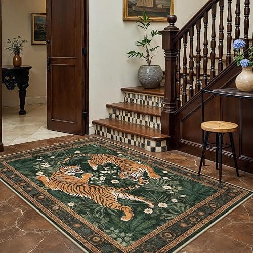 Bavni 5x7 Tiger Print Washable Area Rugs for Living Room Bedroom Non Slip | Vintage Oriental Boho Soft Thin Stain Resistant Low Pile, Botanical Forest Green Animal Carpet for Dining Room Nursery Office thumbnail 4