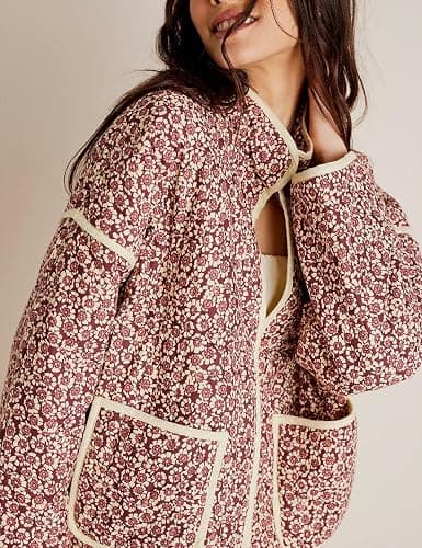 VAOYIU Women's Cropped Puffer Jacket Vintage Cardigan Floral Printed Lightweight Open Front Padded Quilted Coats thumbnail 2