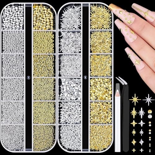 2640Pcs Silver Gold Nail Charms & Small Round Caviar Beads, Star Nails Gems | Gold Charms for Nails, Gold Beads for Nails, Star Charms for Nails, Nails Rhinestones Kit with Tweezers and Pick-up Pencil - Image 1