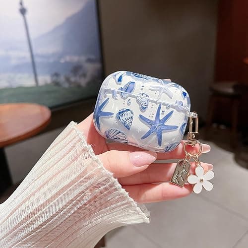 MINSCOSE Compatible with AirPods Pro 2nd/1st Generation,Cute Beautiful Seashell and Starfish Pattern Design with Keychain, Soft TPU Protective Shockproof Cover for AirPods Pro/Pro 2-Blue thumbnail 2