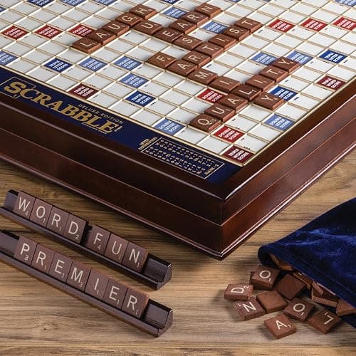 WS Game Company Scrabble Deluxe Edition with Rotating Wooden Game Board and Raised Tile Grid, Board Games for 2-4 Players (Ages 8+) thumbnail 3