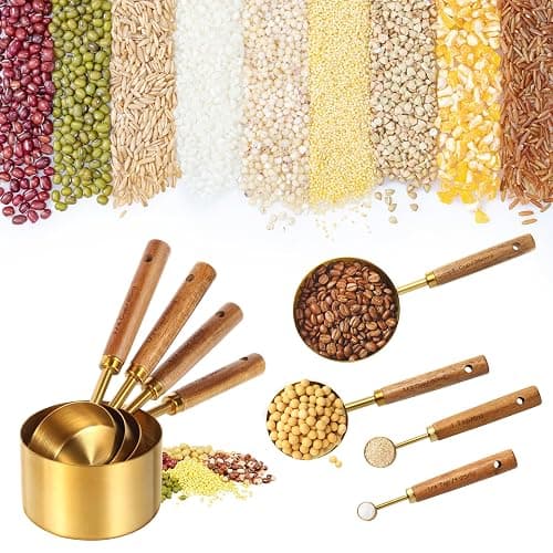 Gold Measuring Cups and Spoons Set,8 Piece Premium Stainless Steel Measuring Cups with Wood Handles,4 Stackable Wooden Measuring Cups and 4 Measuring Spoons Set for Baking Supplies in the Kitchen thumbnail 5