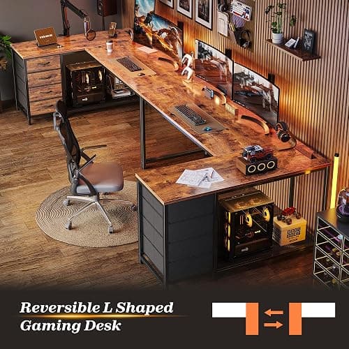 PRAISUN 61" L Shaped Desk with Power Outlets and USB-C Port, Reversible Computer Corner Office Desk with 4 Fabric Drawers and 2 Height-Adjustable Shelves, Large for Gaming Writing Study, Rustic Brown thumbnail 9