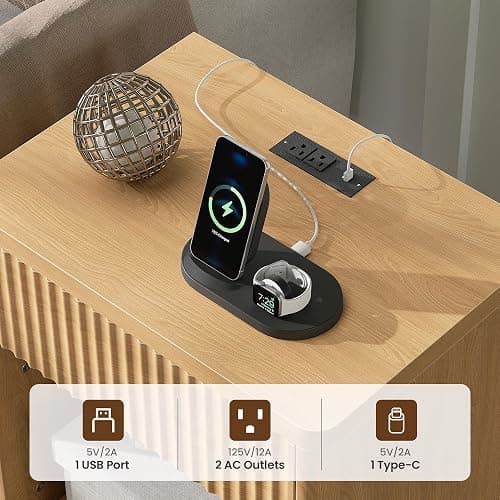 Fluted Nightstand Set of 2 with Charging Station, 21.7" Wide Modern Bedside Table with 1 Drawers Open Storage Cabinet, Wooden End Table for Bedroom, Natural Oak thumbnail 3