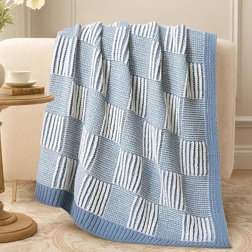 Amélie Home Checkered Knit Throw Blanket for Couch, Chenille Texture Decorative Soft Blanket for Sofa & Chair, 50"x60", Blue & White thumbnail 9