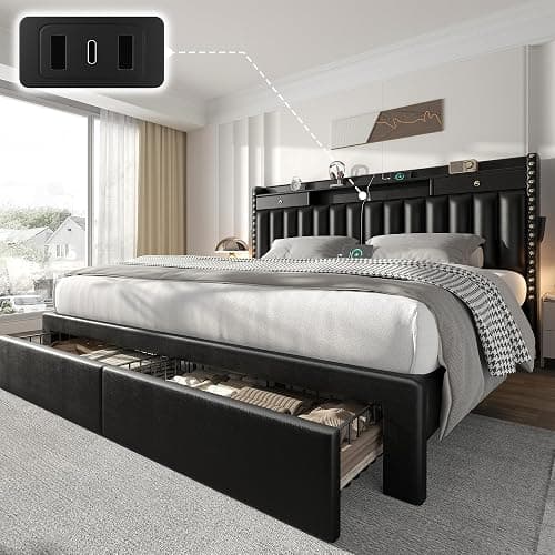 CypBed King Size Bed Frame with Headboard & 4-Storage Drawers, Upholstered | PU Leather Bed Frame with 3 USB & Type-C Charging Ports,Solid Wood Slats,No Box Spring Needed,Noise-Free,Black,Gift - Image 1