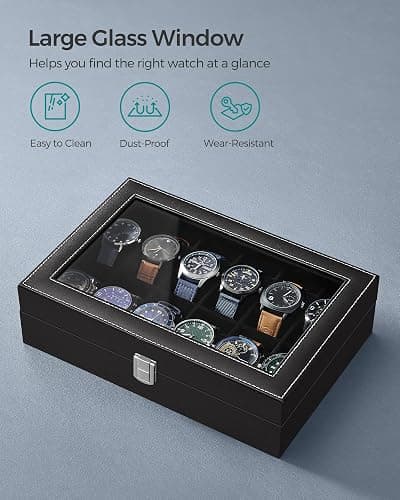 SONGMICS Watch Box, 12-Slot Watch Case with Large Glass Lid, Removable Watch Pillows, Watch Box Organizer, Gift for Loved Ones, Black Synthetic Leather, Christmas Gift, Black Lining UJWB012B01 thumbnail 5