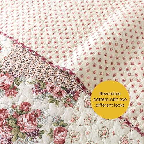 SLPR Country Roses Patchwork Cotton Pieced Quilt Set - Twin Size with 1 Sham, French Country Style Floral Bedding, Red Rose Farmhouse Quilted Bedspread with Flower Pattern thumbnail 5