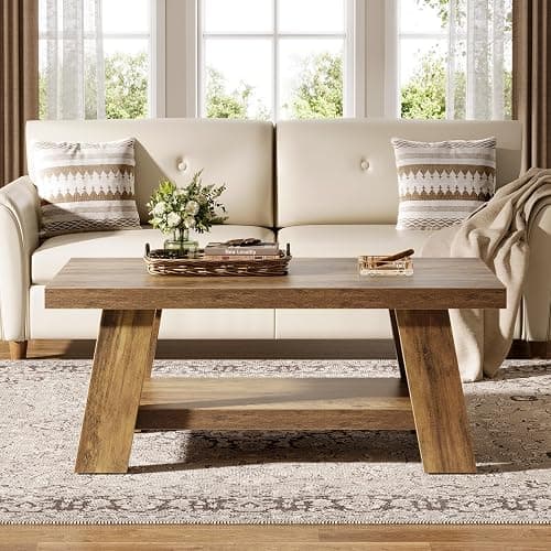 Tribesigns Farmhouse Coffee Tables for Living Room, 47.24" Rectangle Coffee Tables with Storage Shelves, Rustic Wooden Center Table for Apartment, Home Office (Rustic Brown) thumbnail 8