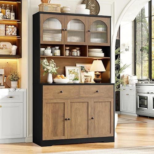 FINETONES 71" Pantry Cabinet, Tall Kitchen Pantry Storage Cabinet with Microwave Stand, Modern Kitchen Hutch Food Pantry with Open Countertop and Adjustable Shelf for Dining Room - Image 1