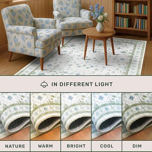 Hazo Haus Cream Oushak 6x9 Bedroom Rug - Boho Floral Cool Blue and Green, Washable Low Pile Non-Slip Ultra-Thin Large Area Rugs for Bed Room, Living Room, Playroom thumbnail 9