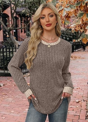 WIHOLL Long Sleeve Shirts for Women Lightweight Sweaters Fall Outfits 2025 Color Block Winter Clothing Dressy Casual Soft thumbnail 3