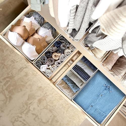SimpleHouseware Foldable Cloth Storage Box Closet Dresser Drawer Divider Organizer Basket Bins for Underwear Bras, Beige (Set of 6) thumbnail 2