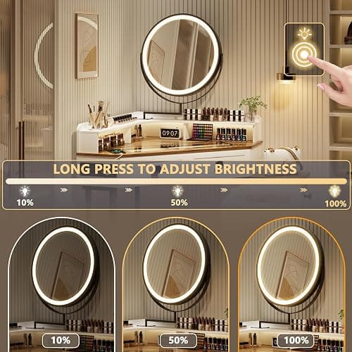 FREDEES Corner Vanity with Mirror and Lights,Modern Makeup Vanity Set with Charging Station for Bedroom/Cloakroom,Glass Top Vanity Table with Drawers and Shelves,White thumbnail 4