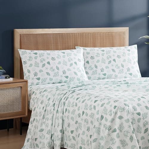 Caribbean Joe Queen Coastal Print Microfiber Sheet Set, Beachy Cove | Soft, comfortable 100% polyester microfiber 4-piece set with 12" deep pockets and a coastal seashell pattern thumbnail 2