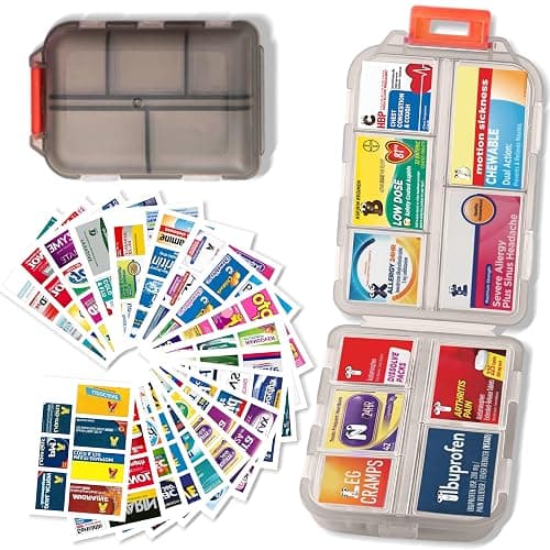 Pill Organizer with 161 Medicine Labels, Daily Travel Pill Case (Grey) | Compact 10-compartment pill case and pill box with 161 medicine labels for 7-day planning, vitamins, supplements, and travel - Image 1