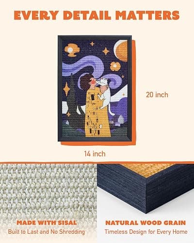 Decorative Wall Art Cat Scratcher for Vertical Scratching, 14"x20" Framed Sisal Scratch Pad Mat with Renter-Friendly No-Drill Wall Mounted Setup, Durable Alternative to Cardboard (Not The Kiss) thumbnail 3