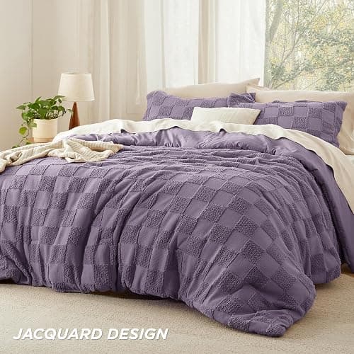 Bedsure Queen Size Comforter Set Grayish Purple, Boho Tufted Bed Set, Checkered Farmhouse-Style Distressed Vintage Bedding, 3 Pieces, 1 Plaid Geometric Comforter and 2 Pillow Shams thumbnail 3