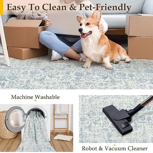 PureCozy Blue Area Rug 5x7 Machine Washable Vintage Living Room Distressed Non Slip Carpet Traditional Indoor Bedroom Retro Floral Accent Throw Large Rug Office Kitchen Bathroom Dining Room | Machine Washable, Non Slip, Blue, Large, Vintage, Traditional, Distressed, Indoor, Retro, Accent thumbnail 4