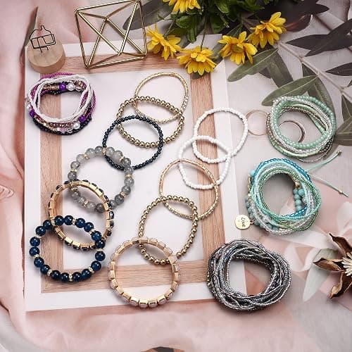 LOYALLOOK 6 Sets Bohemian Stackable Bead Bracelets for Women Stretch Bohemian Style Stretch Multilayered Boho Bracelet Set thumbnail 7