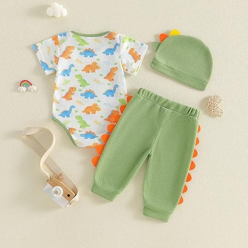 Lamuusaa Newborn Baby Boy Clothes 0 3 6 12 18 Months Short Sleeve Dinosaur Romper Long Pants Hat 3Pcs Summer Outfit thumbnail 7